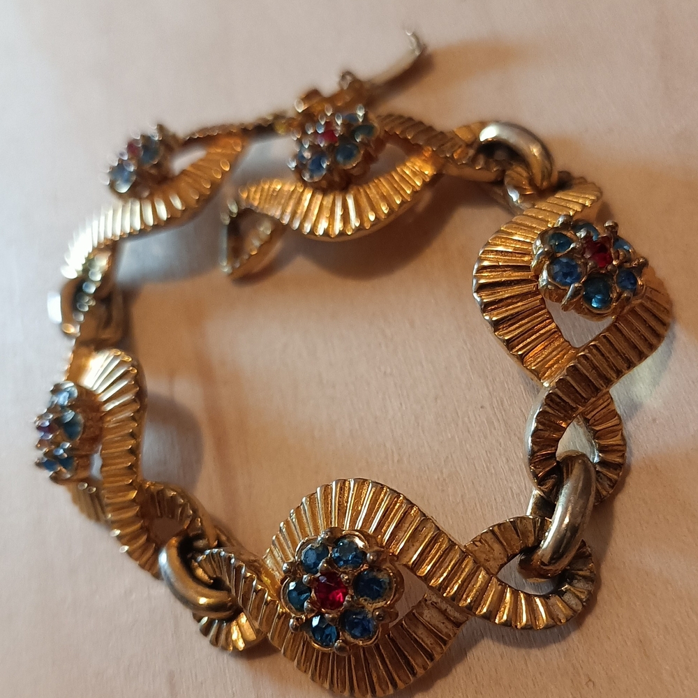 Gold-Tone Floral Cluster Bracelet with Blue and Red Stones